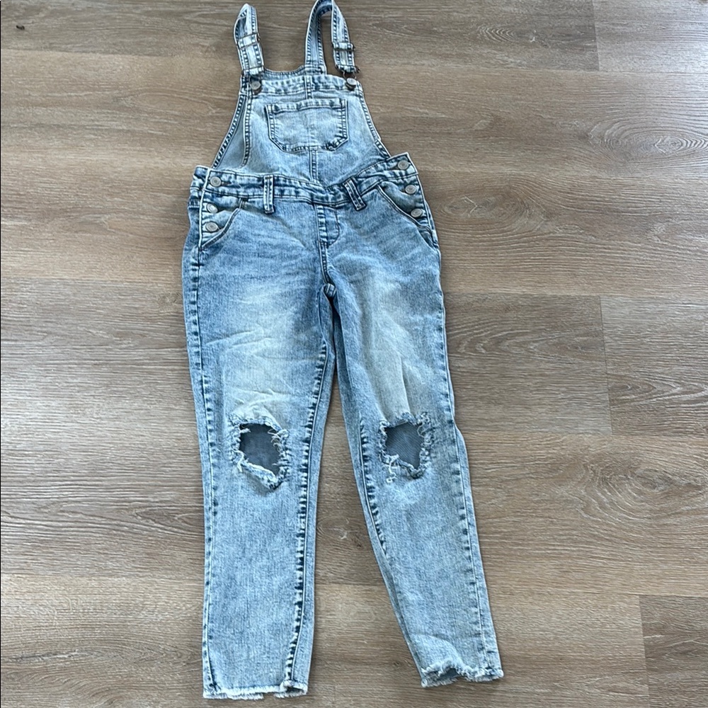 SO Blue Denim Overalls with Distressed Detail